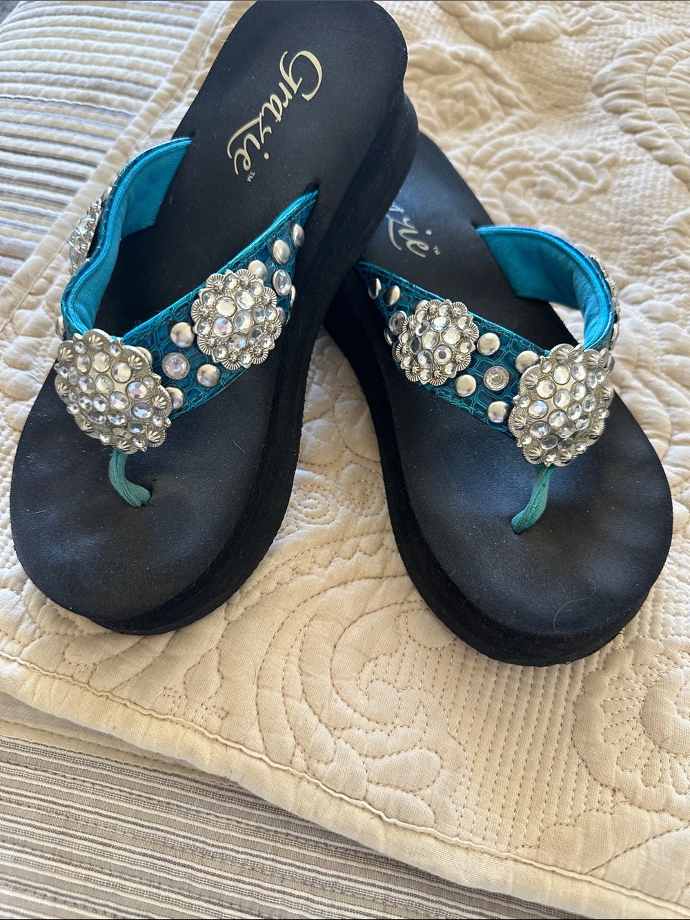 Grace Teal Jeweled Wedge Sandals